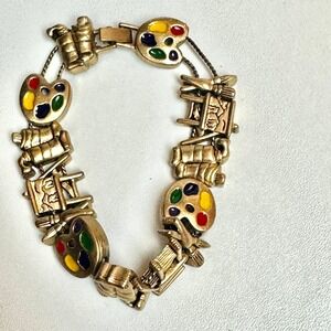 Artistic Painter Palette Brush Paint Tube Charm Bracelet Gold‎ Tone Whimsical